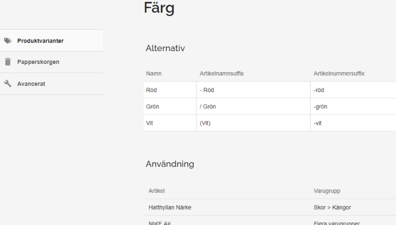 Central hantering av artikelvariationer